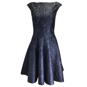 Talbot Runhof Navy Blue / Silver Metallic Lurex Detail Bateau Neck Jacquard A-Line Dress