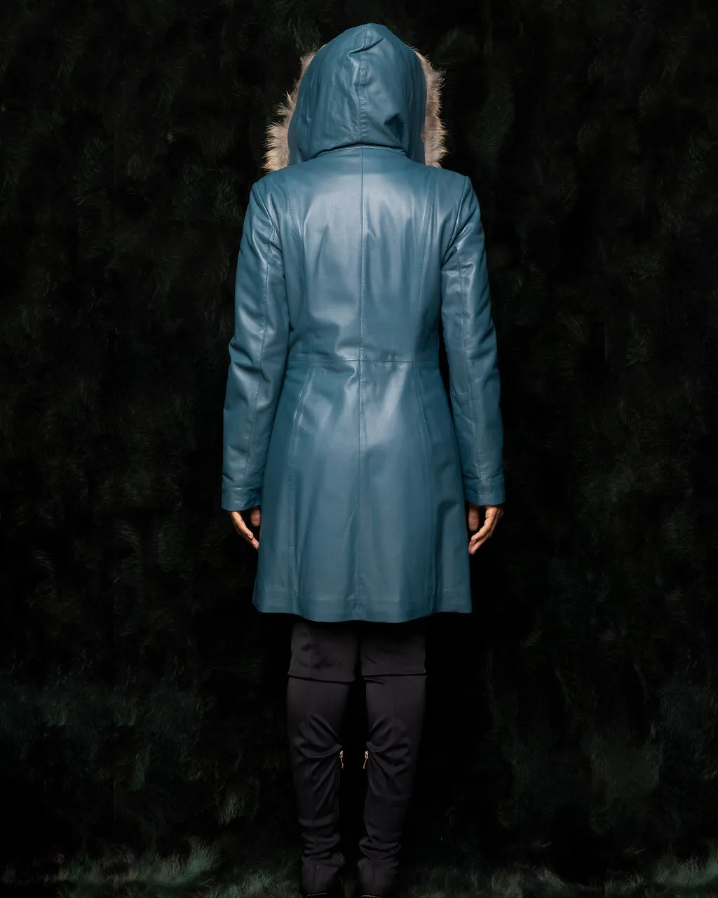 Teal Leather Coat w. Fox Hood