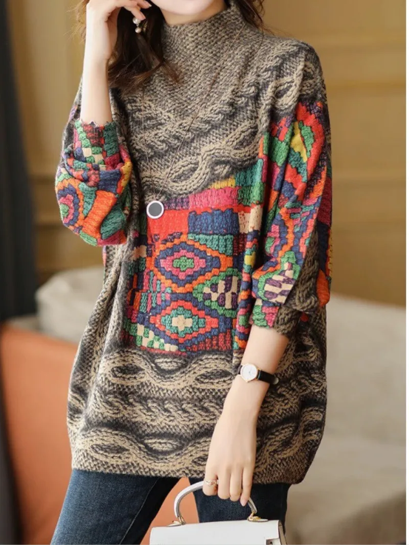 Thickened Knitted Loose Half-High Collar Long-Sleeved Sweater