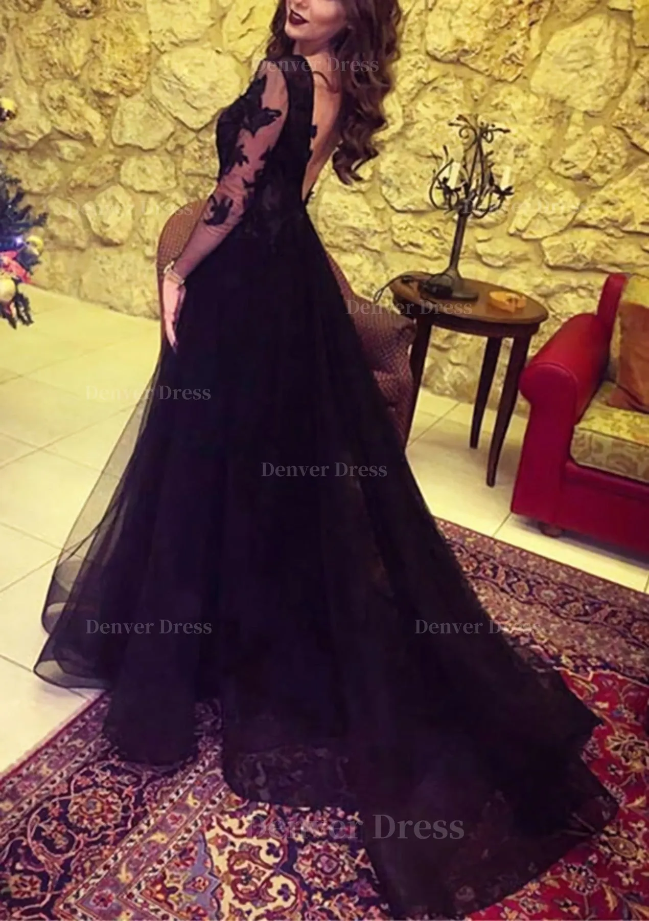 Tulle Long/Floor-Length A-Line/Princess Full/Long Sleeve Sweetheart Zipper Prom Dress With Appliqued