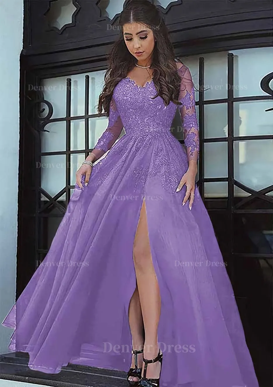 Tulle Long/Floor-Length A-Line/Princess Full/Long Sleeve Sweetheart Zipper Prom Dress With Appliqued