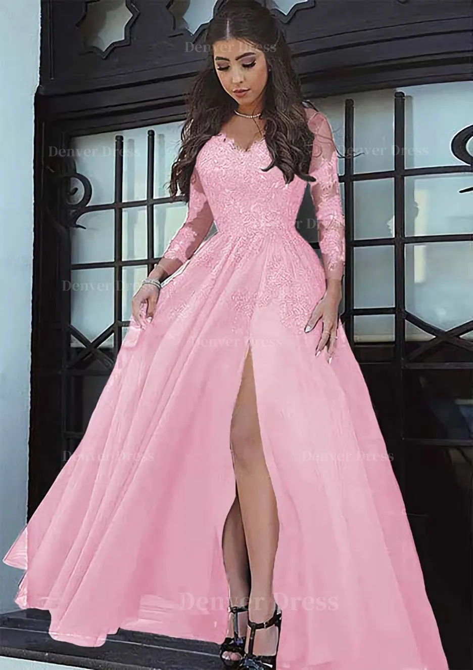 Tulle Long/Floor-Length A-Line/Princess Full/Long Sleeve Sweetheart Zipper Prom Dress With Appliqued