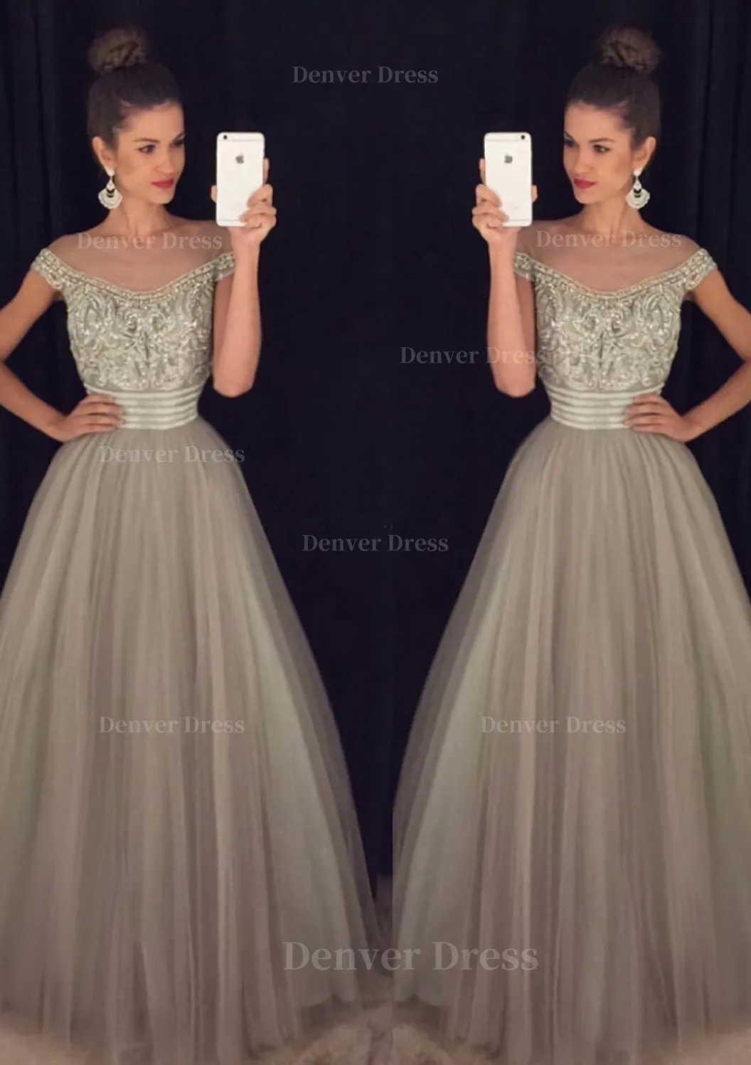 Tulle Long/Floor-Length A-Line/Princess Sleeveless Bateau Zipper Prom Dress With Beaded