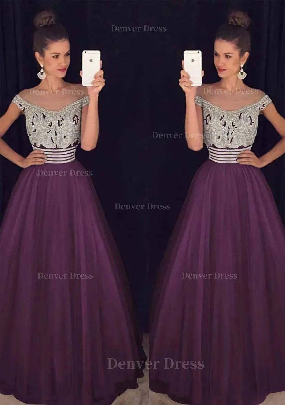 Tulle Long/Floor-Length A-Line/Princess Sleeveless Bateau Zipper Prom Dress With Beaded