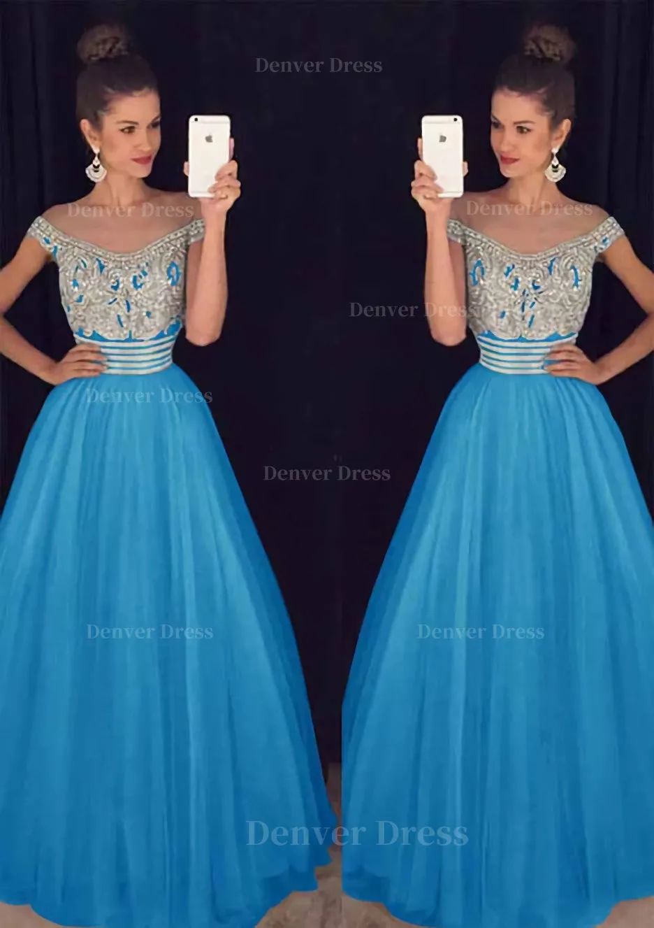 Tulle Long/Floor-Length A-Line/Princess Sleeveless Bateau Zipper Prom Dress With Beaded