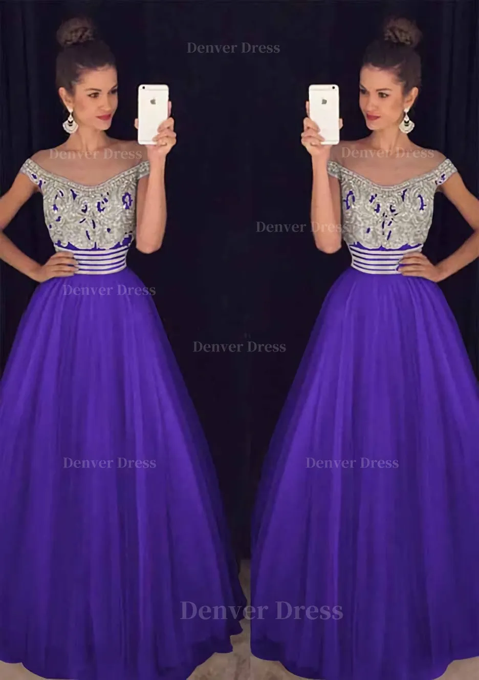 Tulle Long/Floor-Length A-Line/Princess Sleeveless Bateau Zipper Prom Dress With Beaded