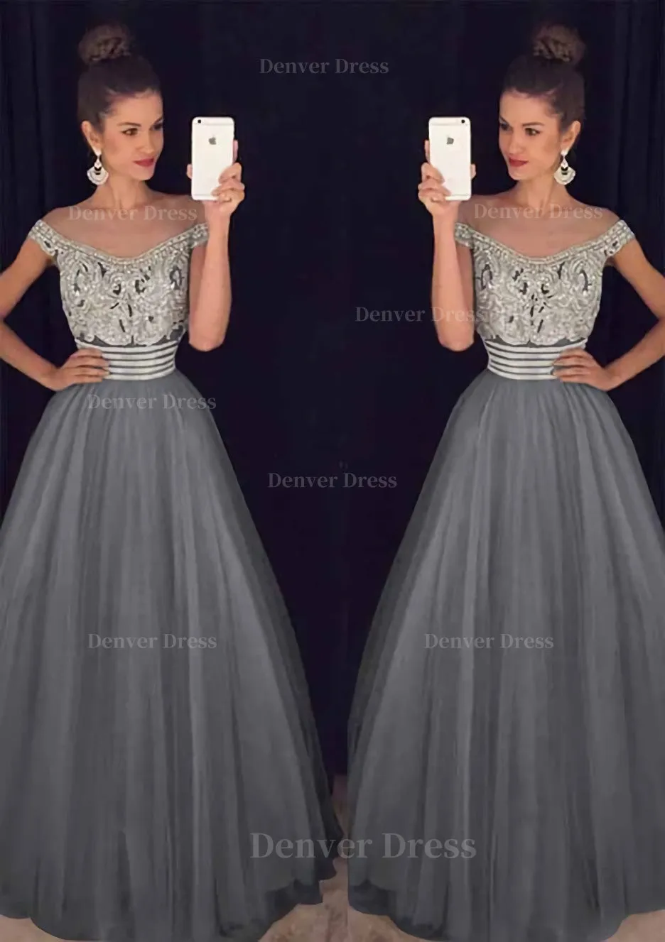 Tulle Long/Floor-Length A-Line/Princess Sleeveless Bateau Zipper Prom Dress With Beaded