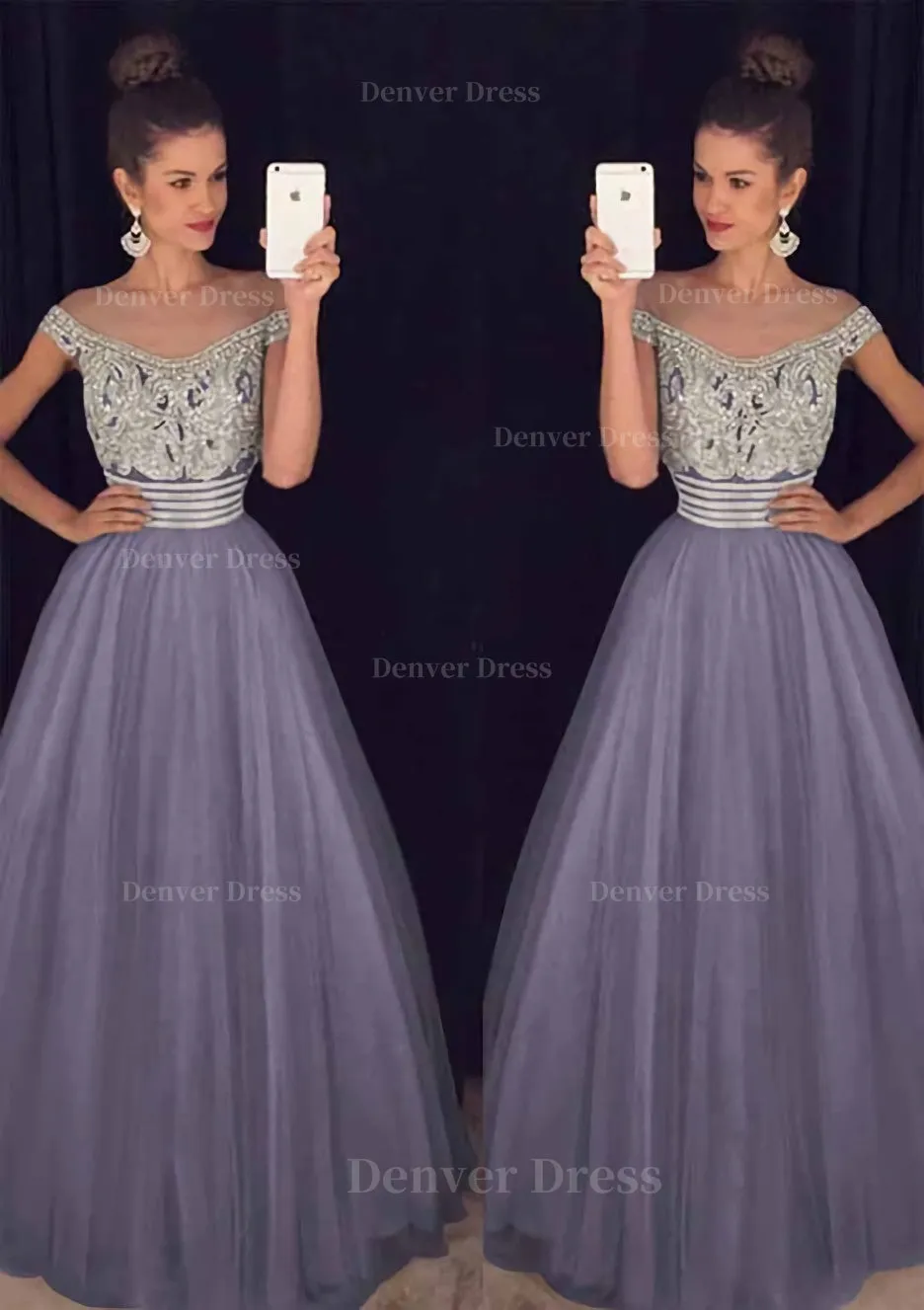 Tulle Long/Floor-Length A-Line/Princess Sleeveless Bateau Zipper Prom Dress With Beaded