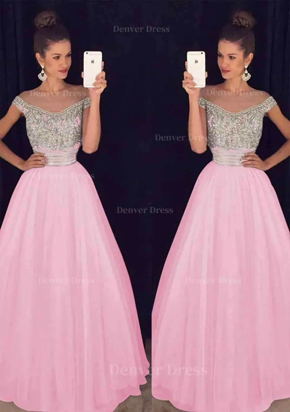 Tulle Long/Floor-Length A-Line/Princess Sleeveless Bateau Zipper Prom Dress With Beaded