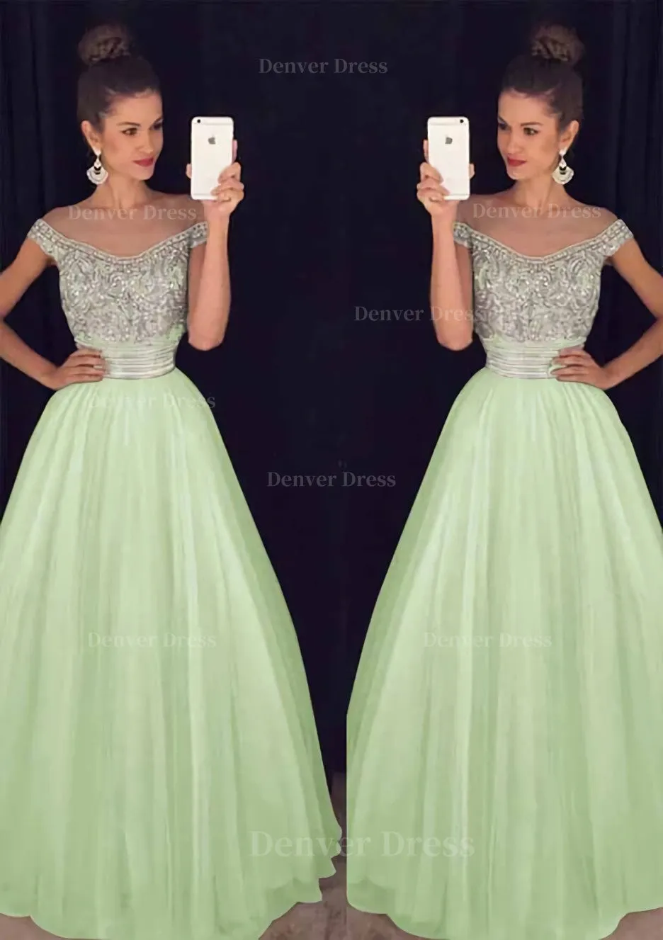 Tulle Long/Floor-Length A-Line/Princess Sleeveless Bateau Zipper Prom Dress With Beaded