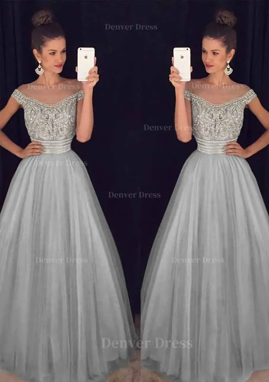 Tulle Long/Floor-Length A-Line/Princess Sleeveless Bateau Zipper Prom Dress With Beaded