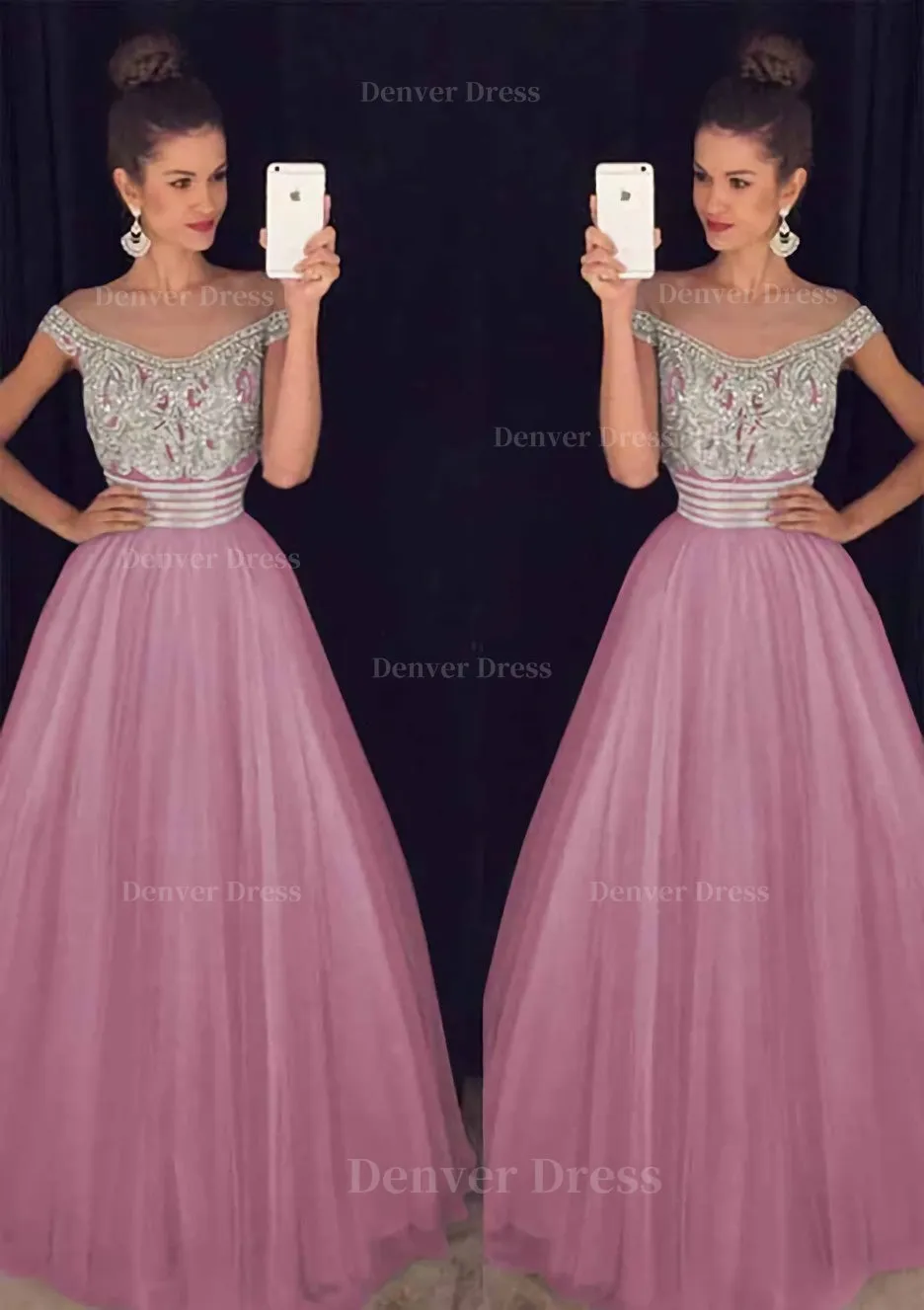 Tulle Long/Floor-Length A-Line/Princess Sleeveless Bateau Zipper Prom Dress With Beaded