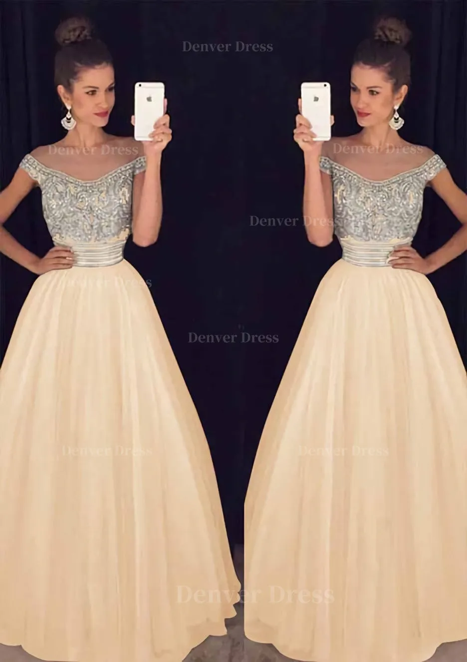 Tulle Long/Floor-Length A-Line/Princess Sleeveless Bateau Zipper Prom Dress With Beaded