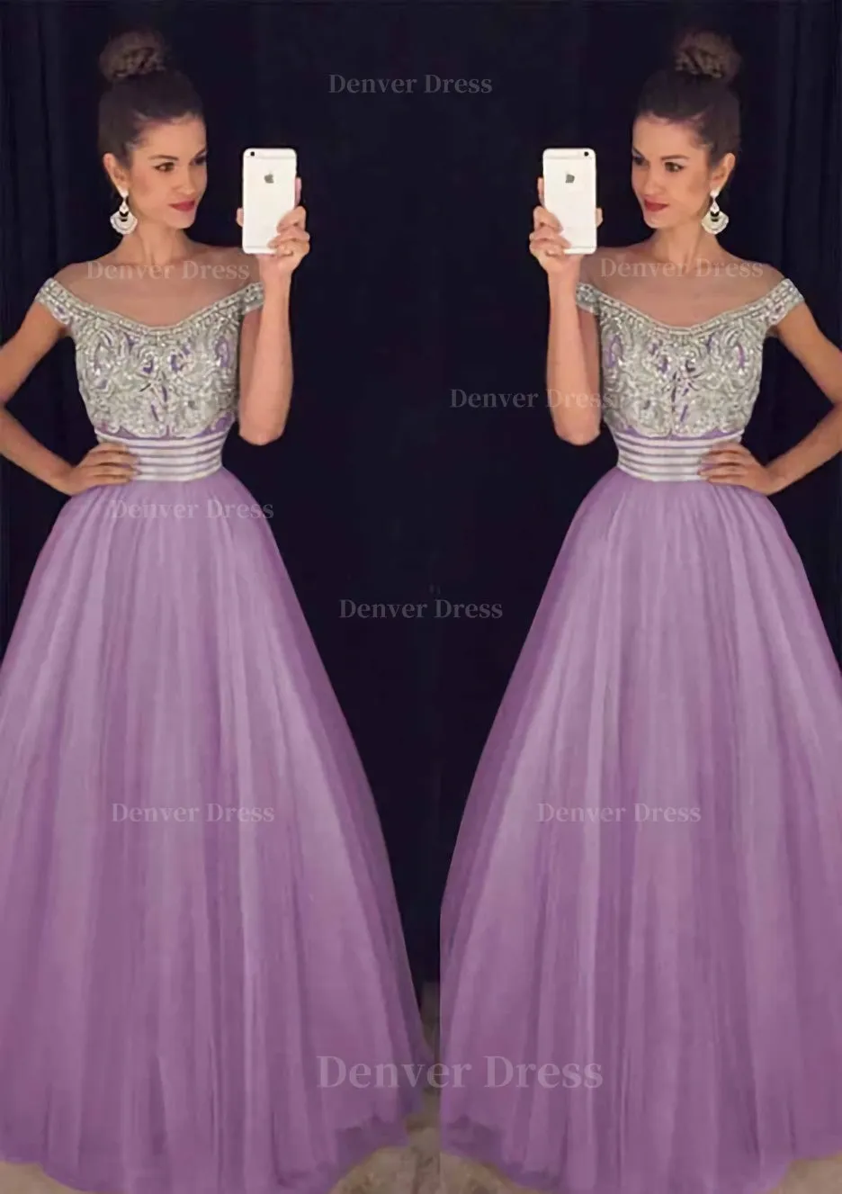 Tulle Long/Floor-Length A-Line/Princess Sleeveless Bateau Zipper Prom Dress With Beaded