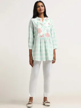 Utsa Aqua Floral Printed Checked Cotton Tunic