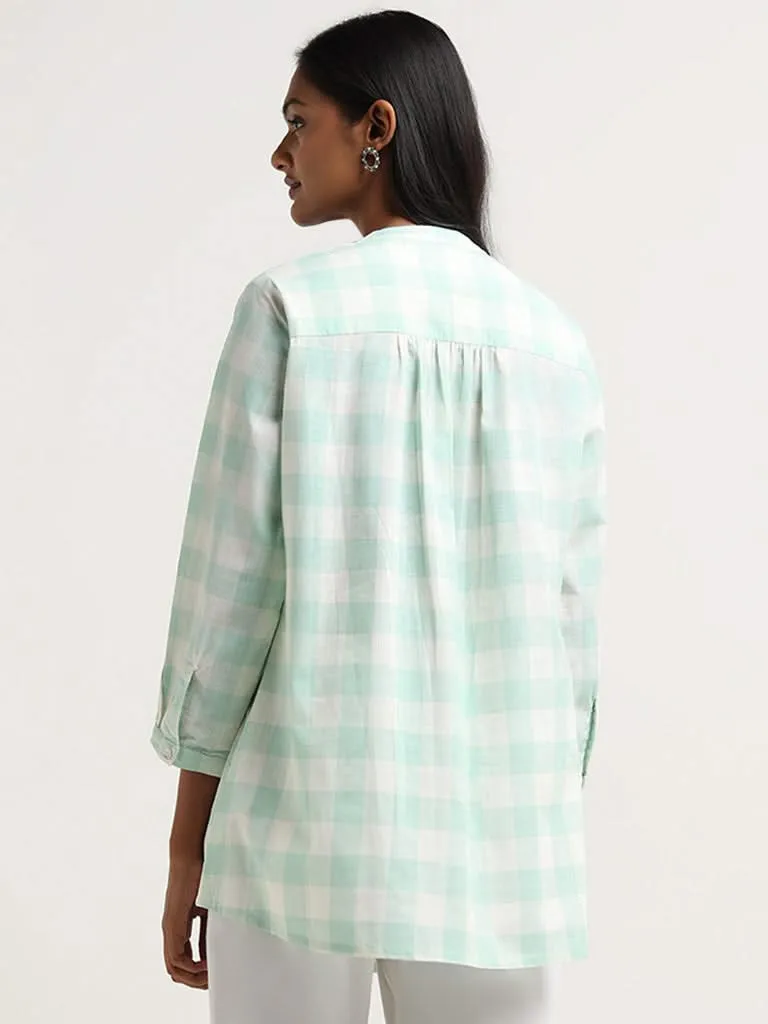 Utsa Aqua Floral Printed Checked Cotton Tunic