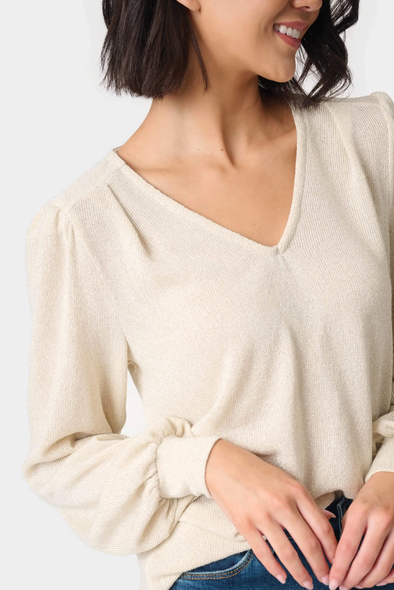 V-Neck Blouson Sleeve Shimmer Top