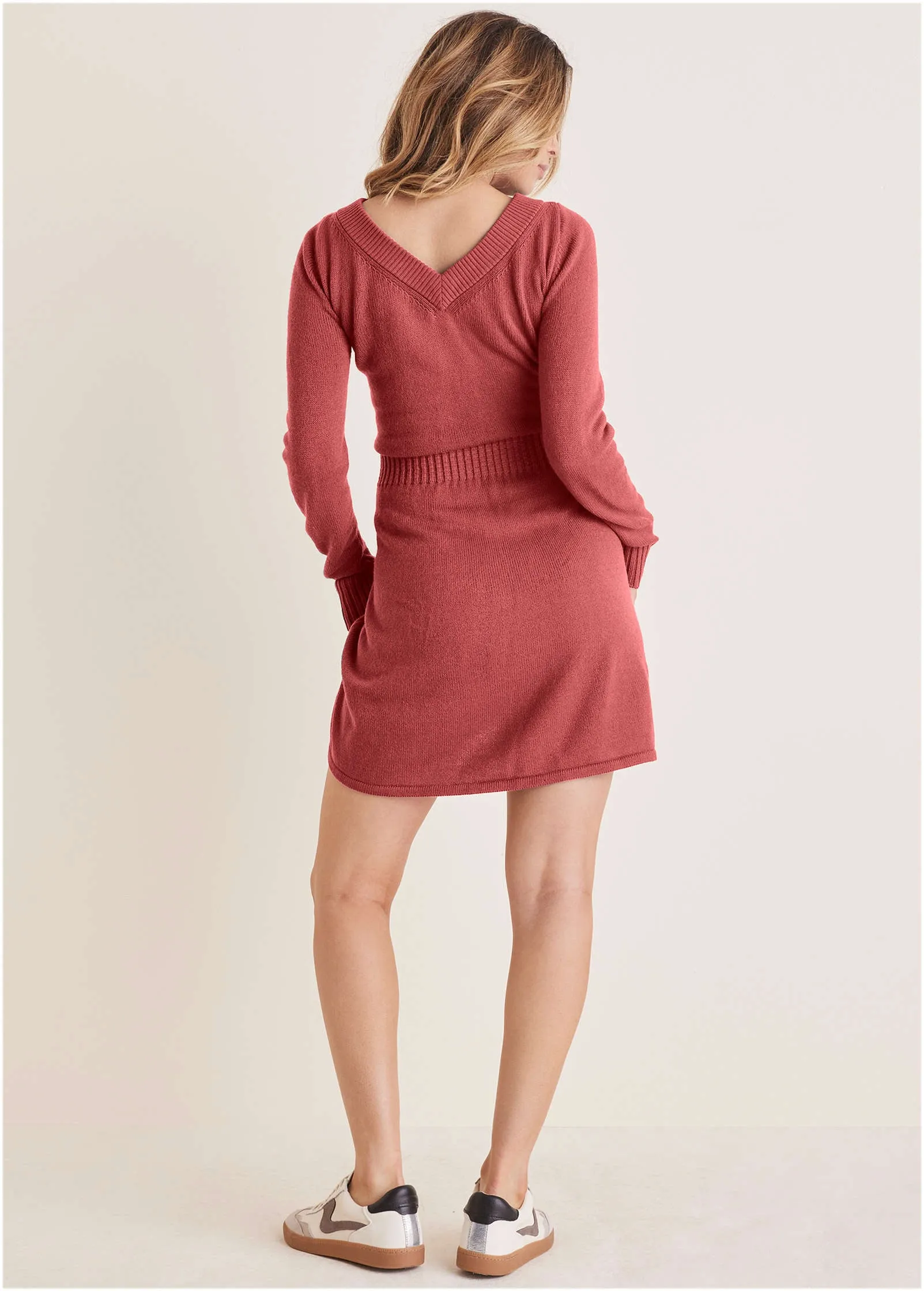 V-Neck Mini Sweater Dress - Mineral Red