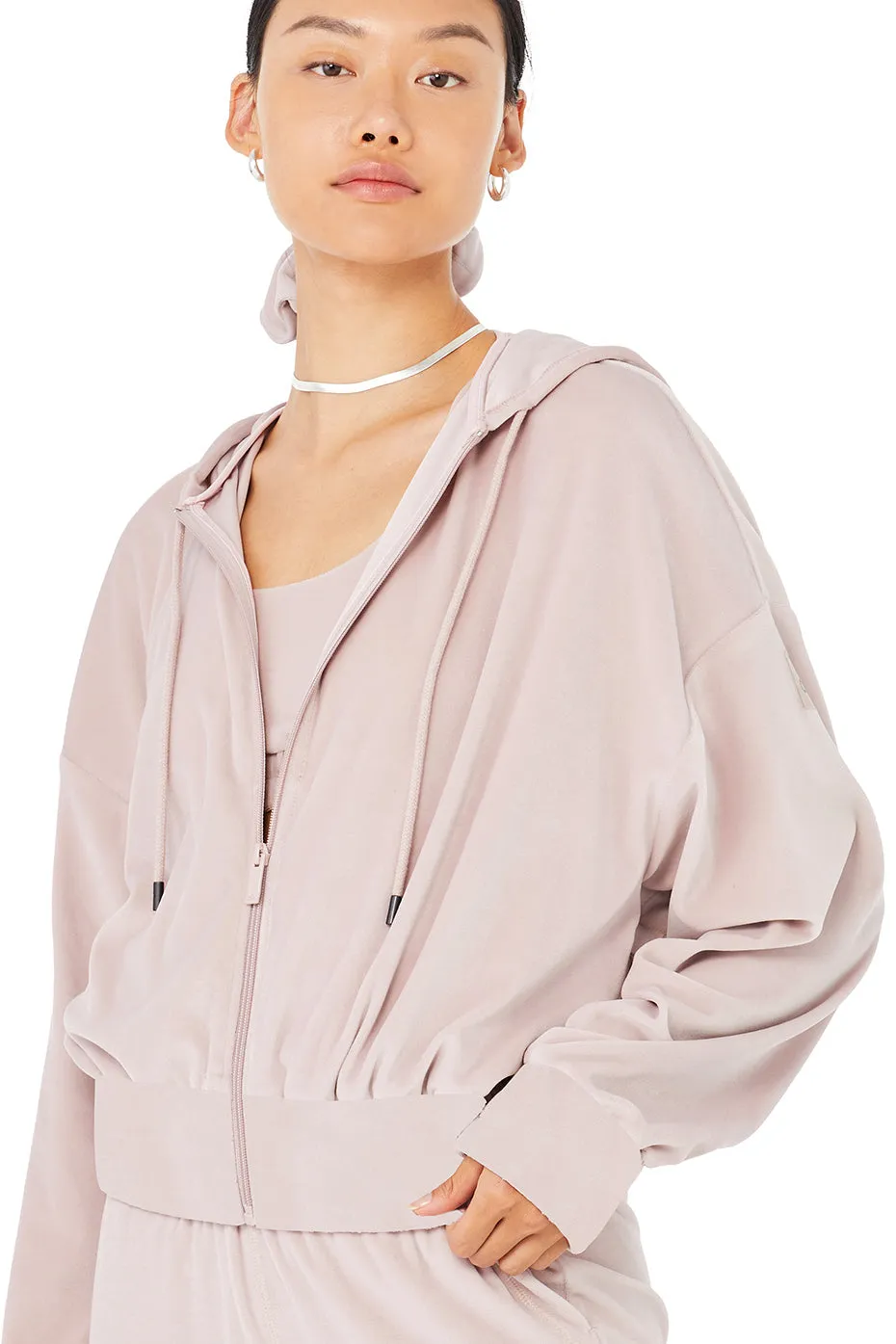 Velour Glimmer Full Zip Hoodie - Dusty Pink