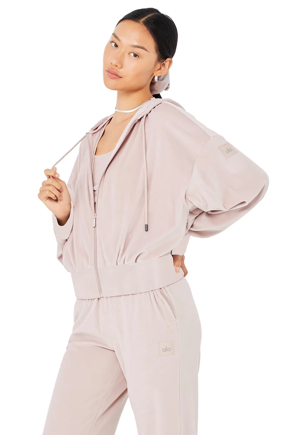 Velour Glimmer Full Zip Hoodie - Dusty Pink