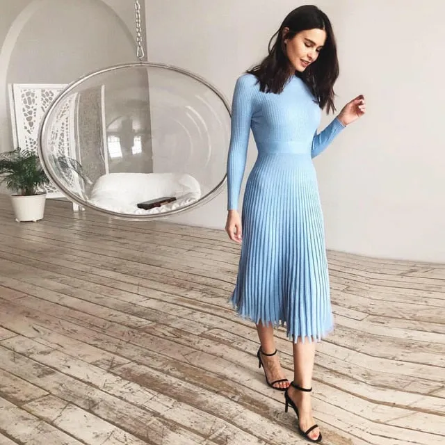 VenusFox Women Knitted Long Dress Autumn Winter Slim Sleeve Ladies Dresses Elegant Party Female Sweater Dress