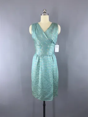 Vintage 1950s-60s Dress / Aqua Blue & Gold Brocade