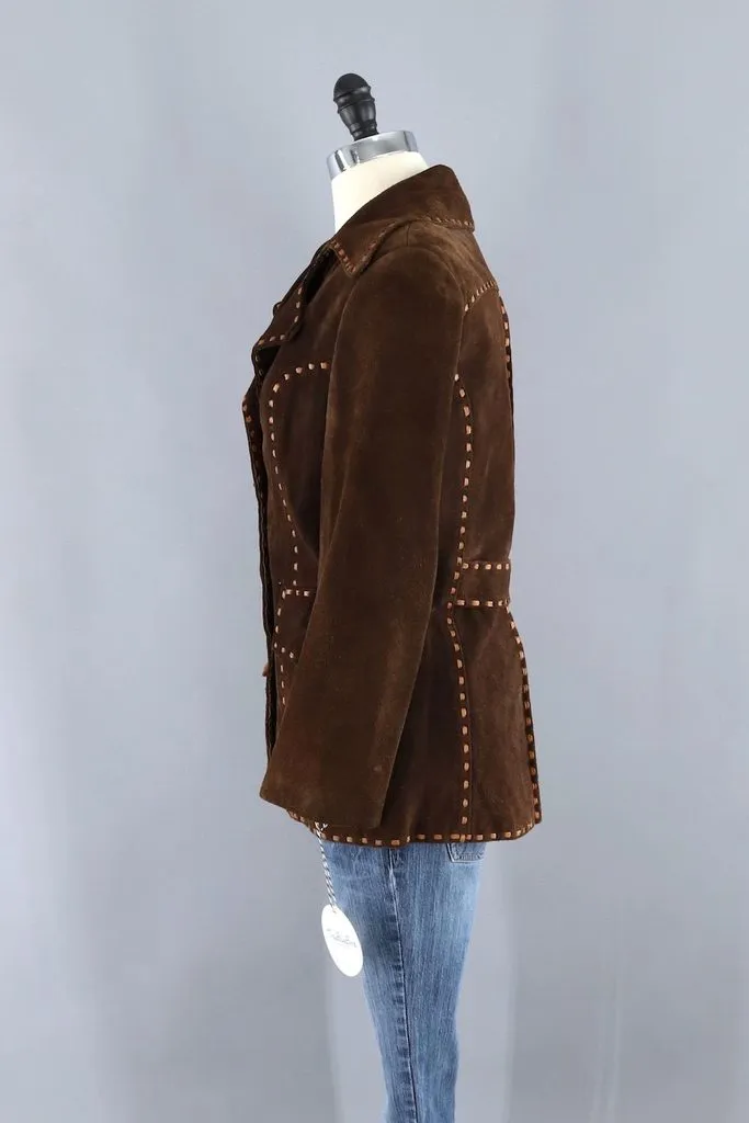 Vintage Brown Suede Jacket with Tan Leather Trim