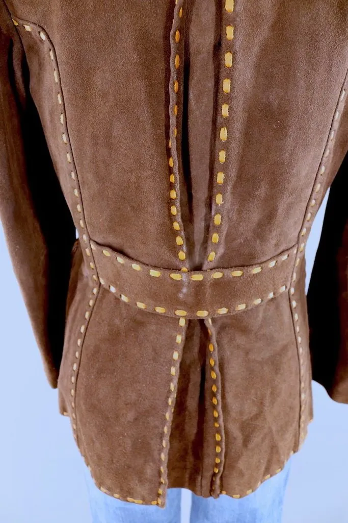 Vintage Brown Suede Jacket with Tan Leather Trim