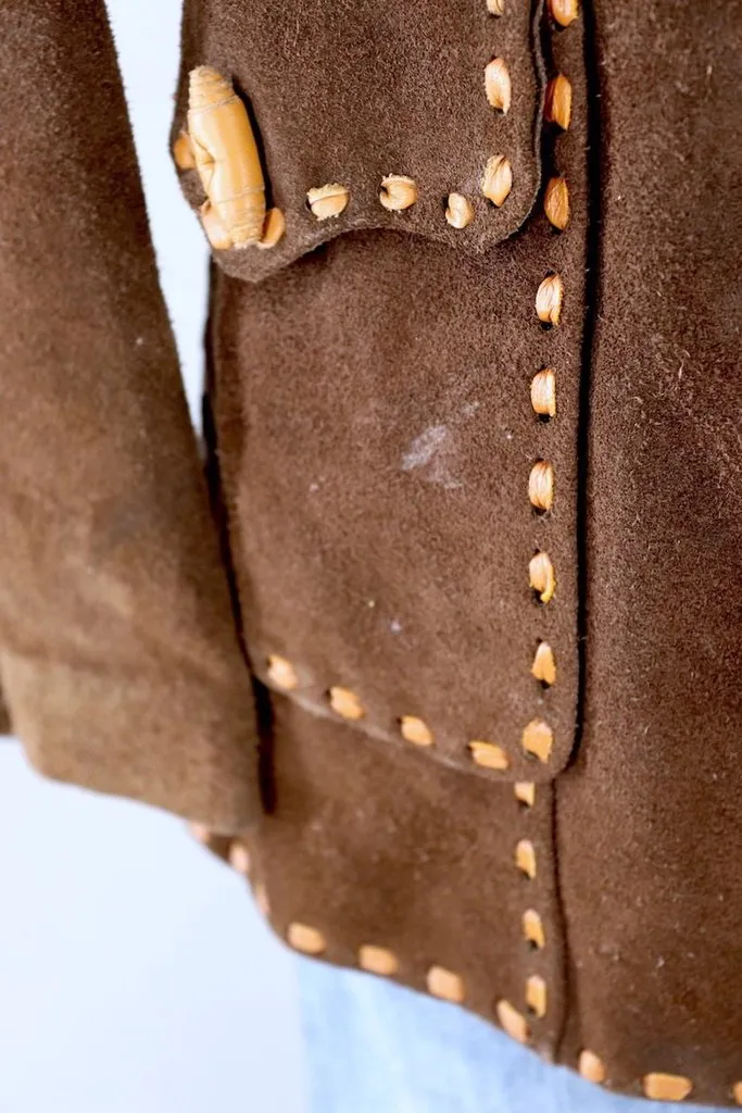 Vintage Brown Suede Jacket with Tan Leather Trim