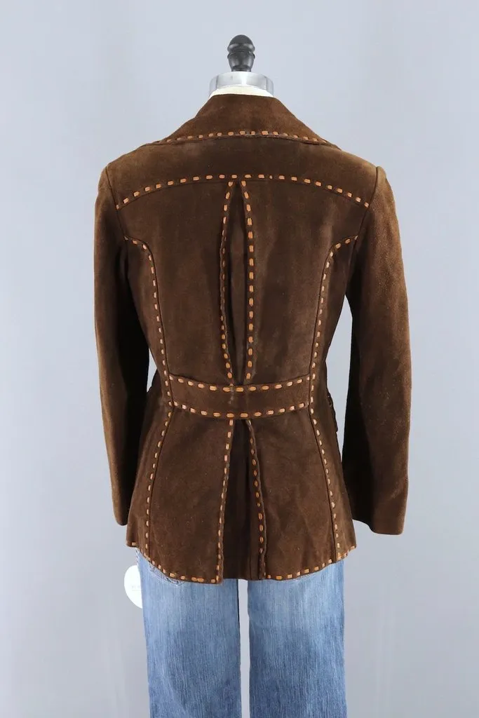 Vintage Brown Suede Jacket with Tan Leather Trim