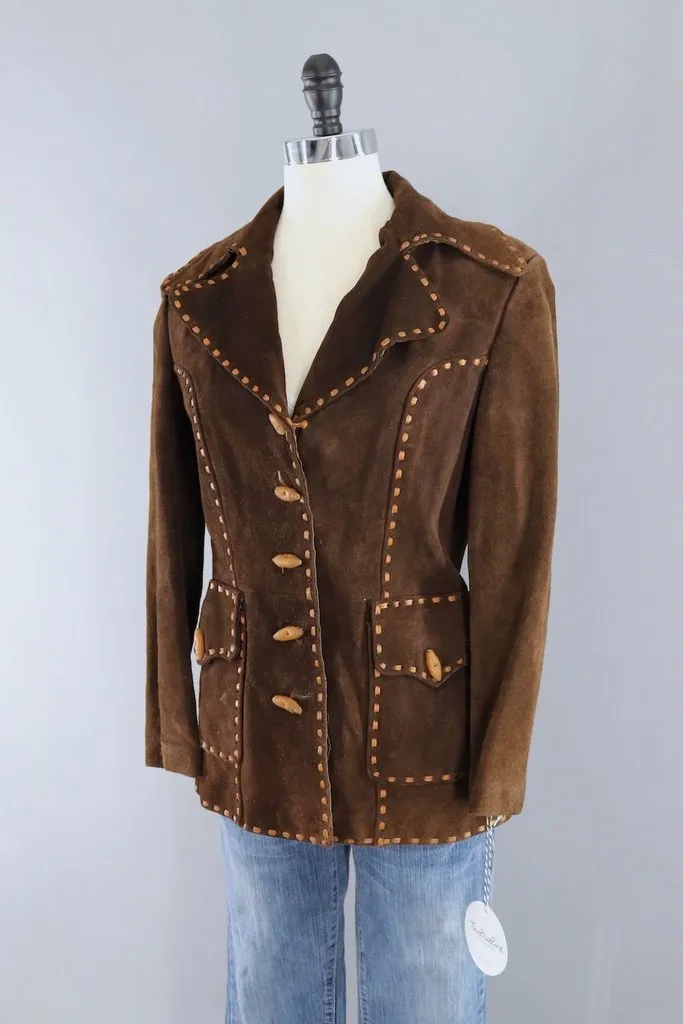 Vintage Brown Suede Jacket with Tan Leather Trim