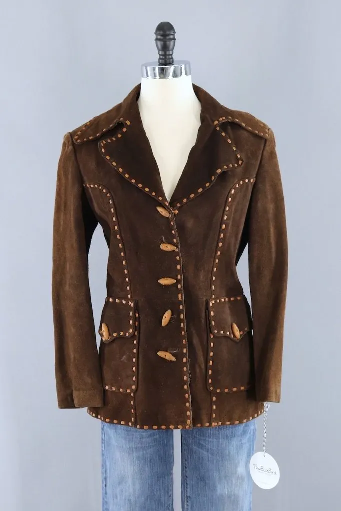 Vintage Brown Suede Jacket with Tan Leather Trim