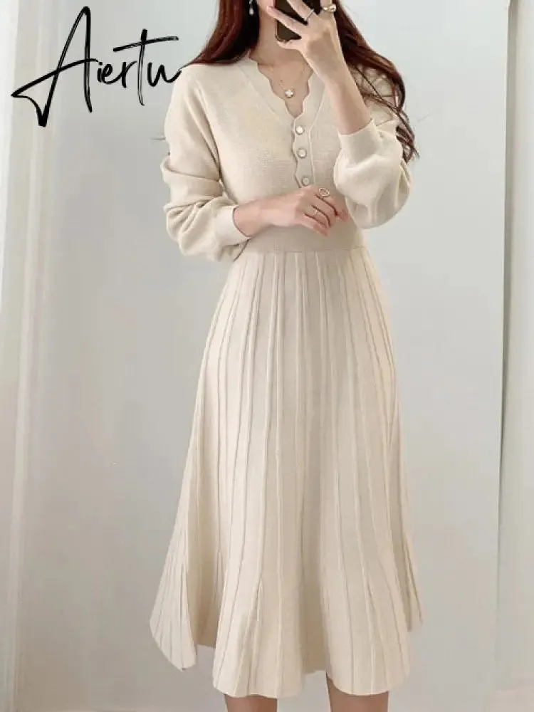 Vintage Elegant Knitted Beige Midi Dress New Autumn Long Sleeve Slim Woman Sweater Dresses One-Piece Woman Pleated Dress