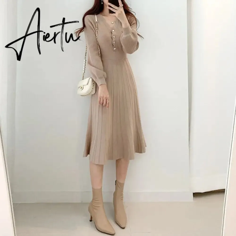 Vintage Elegant Knitted Beige Midi Dress New Autumn Long Sleeve Slim Woman Sweater Dresses One-Piece Woman Pleated Dress