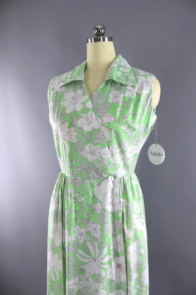 Vintage Green Floral Print Wrap Dress