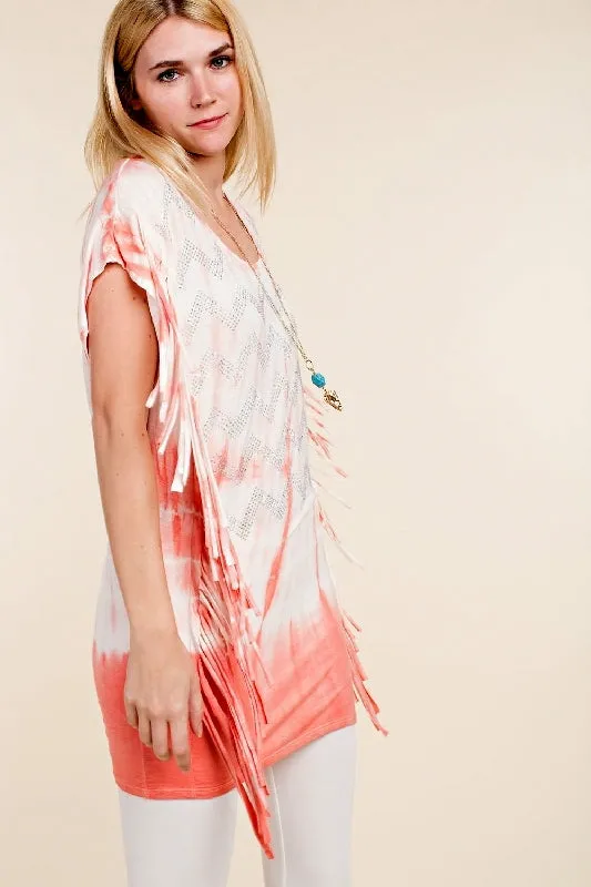 Vocal Chevron Rhinestones Fringe Tee Shirt Tunic Top - Coral