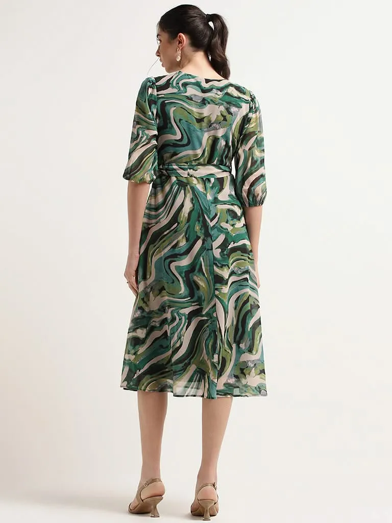 Wardrobe Green Abstract Print Midi Dress with Belt