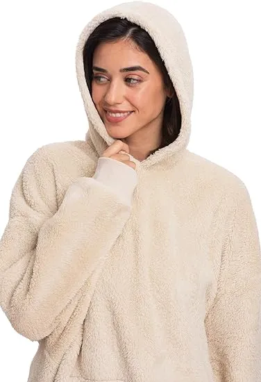 Warm Embrace Off-White Sherpa Hoodie Wearable Blanket - The Ultimate Women's Winter Loungewear