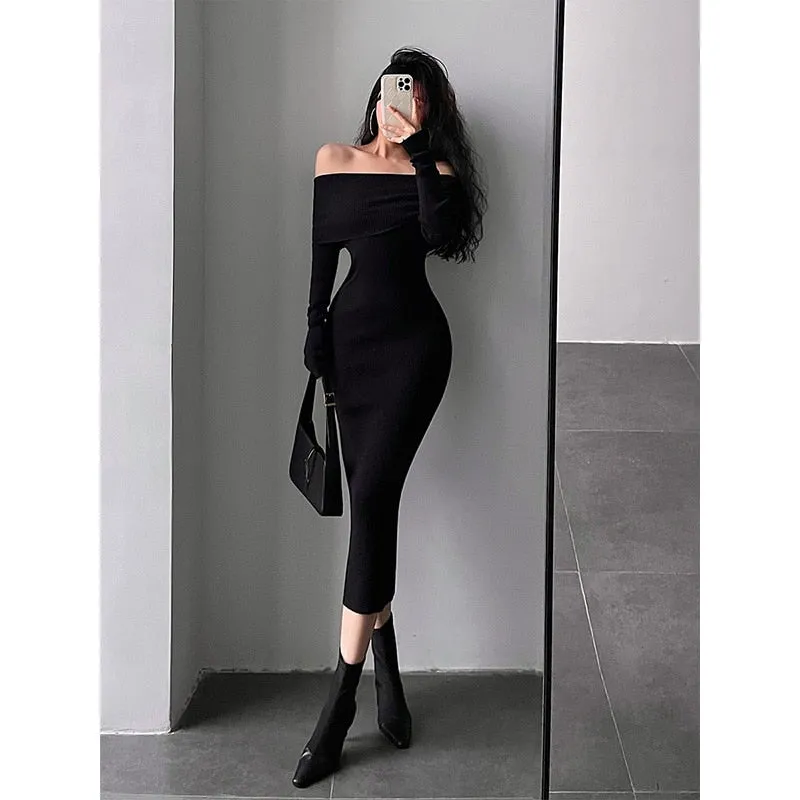 Wenkouban Slash Neck Tight Long Skinny Hip Long Sleeve Maxi Long Sweater Dress Red Korean Fashion Tops 2023  DL7K