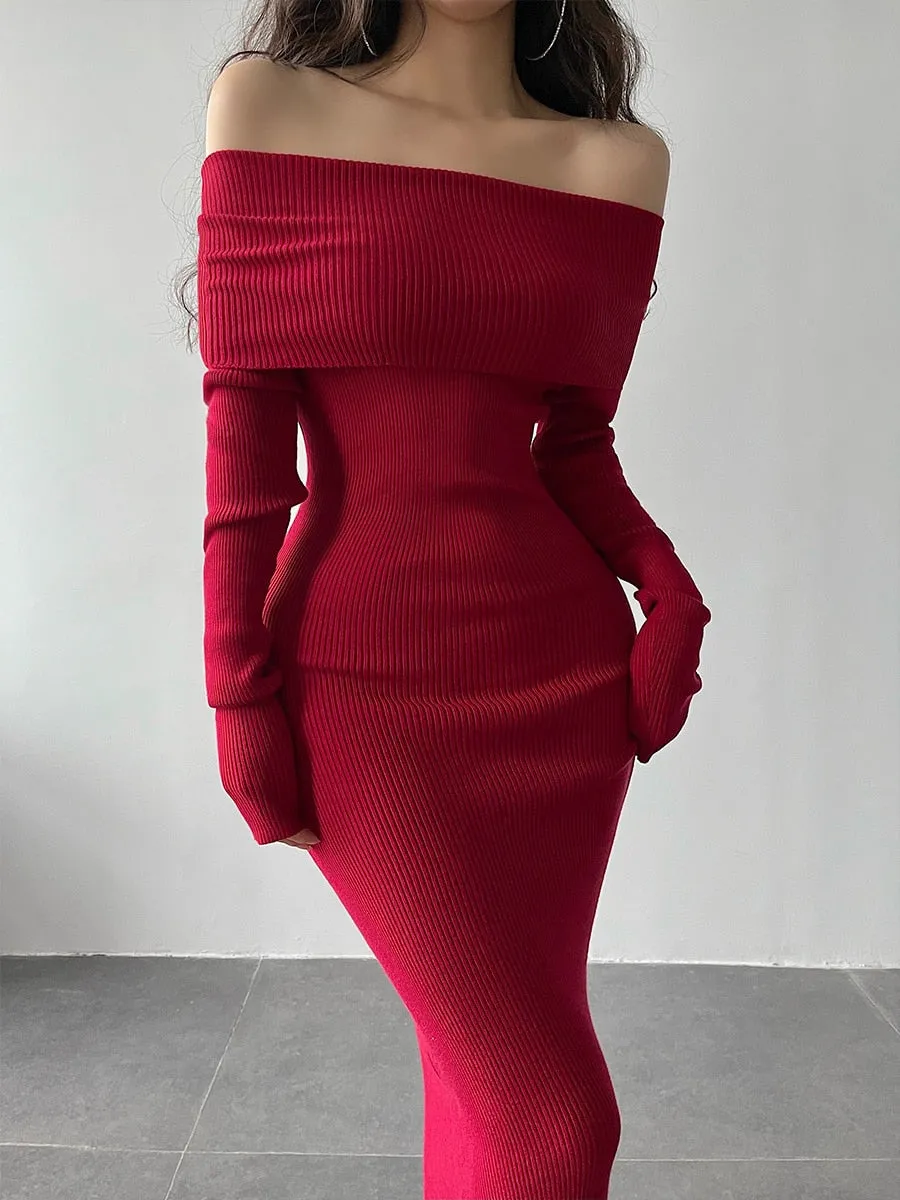 Wenkouban Slash Neck Tight Long Skinny Hip Long Sleeve Maxi Long Sweater Dress Red Korean Fashion Tops 2023  DL7K