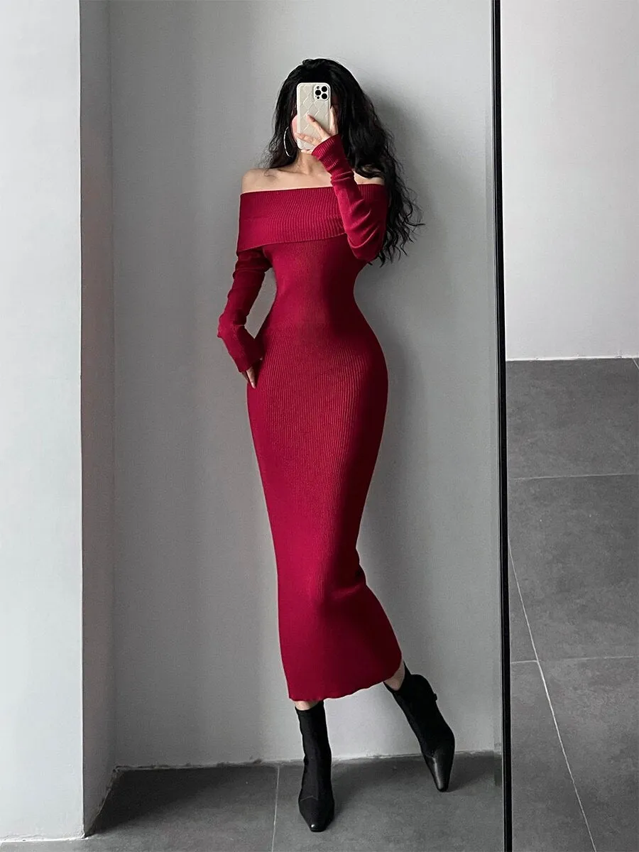 Wenkouban Slash Neck Tight Long Skinny Hip Long Sleeve Maxi Long Sweater Dress Red Korean Fashion Tops 2023  DL7K