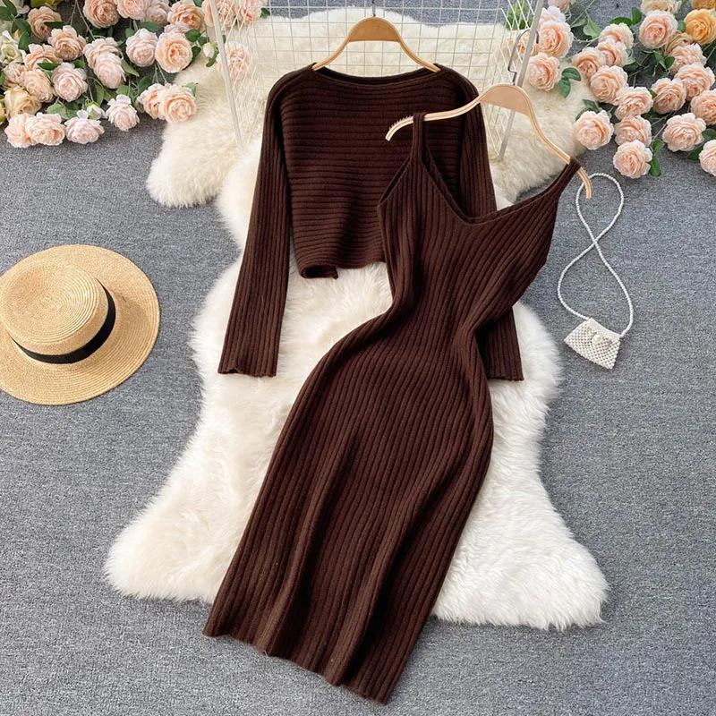 Wenkouban Two-Piece Dress Sets Winter Women Knitted Dress Set Fleece Tracksuits Autumn Sweater And Tank Dress Elegant Outfit