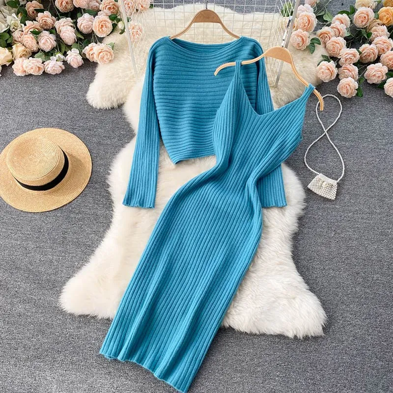 Wenkouban Two-Piece Dress Sets Winter Women Knitted Dress Set Fleece Tracksuits Autumn Sweater And Tank Dress Elegant Outfit