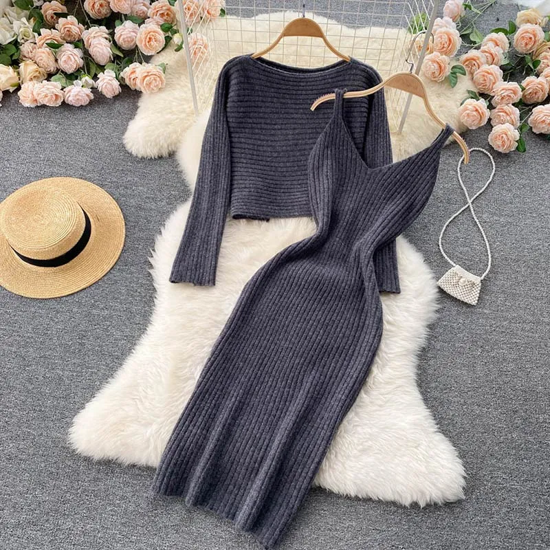 Wenkouban Two-Piece Dress Sets Winter Women Knitted Dress Set Fleece Tracksuits Autumn Sweater And Tank Dress Elegant Outfit