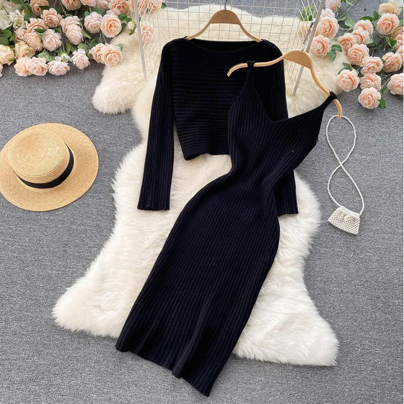 Wenkouban Two-Piece Dress Sets Winter Women Knitted Dress Set Fleece Tracksuits Autumn Sweater And Tank Dress Elegant Outfit