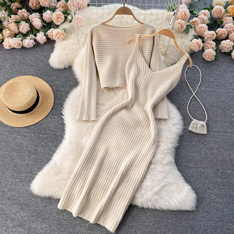 Wenkouban Two-Piece Dress Sets Winter Women Knitted Dress Set Fleece Tracksuits Autumn Sweater And Tank Dress Elegant Outfit