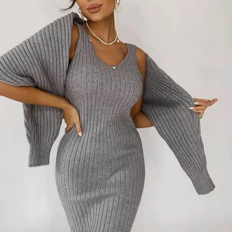 Wenkouban Two-Piece Dress Sets Winter Women Knitted Dress Set Fleece Tracksuits Autumn Sweater And Tank Dress Elegant Outfit