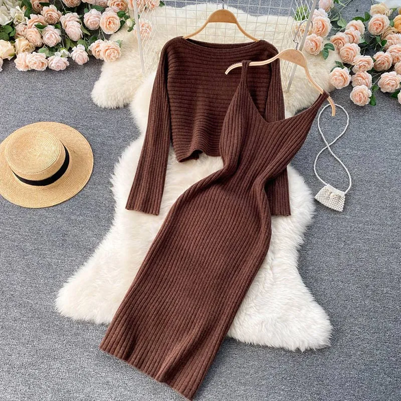 Wenkouban Two-Piece Dress Sets Winter Women Knitted Dress Set Fleece Tracksuits Autumn Sweater And Tank Dress Elegant Outfit