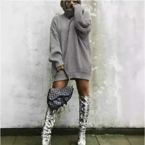 Wenkouban winter outfits women Autumn and Winter New Knitwear Mid-Length Long Sleeve High Lapel Loose Sweater Solid Color Dress