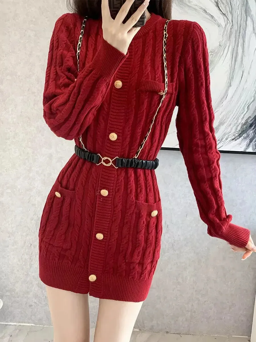 Wenkouban Women's  Knitted Dress, Long Sleeve, Single Breasted, Sexy Short Sweater Dress, Female Knitwear, Office Lady, High Waist